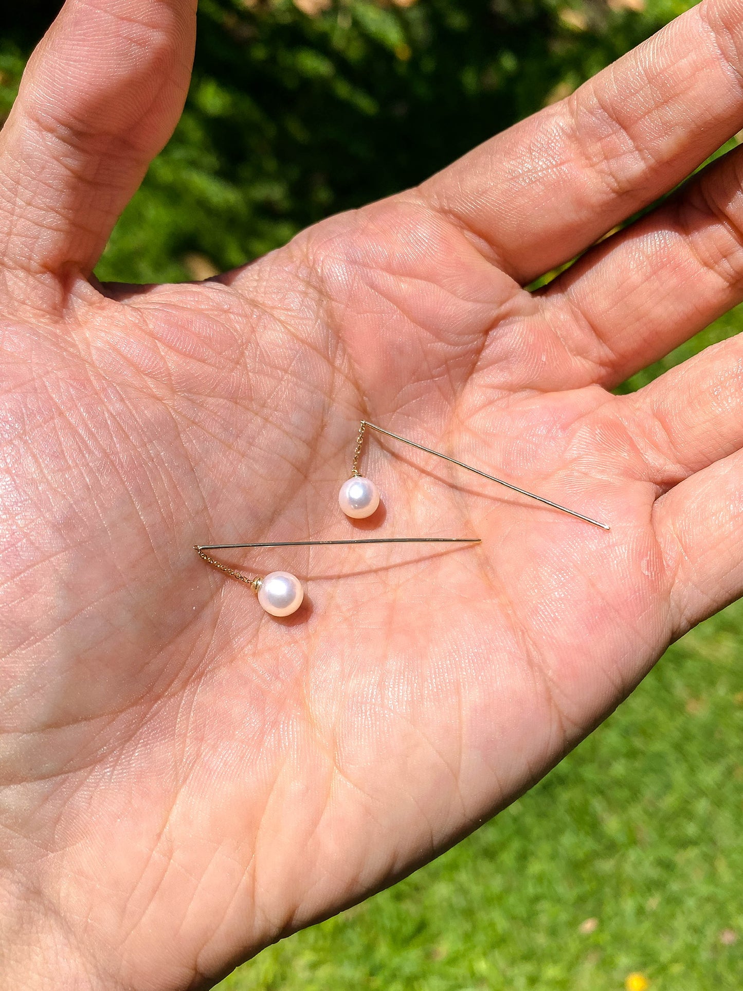 Aretes perlas largas oro 14k